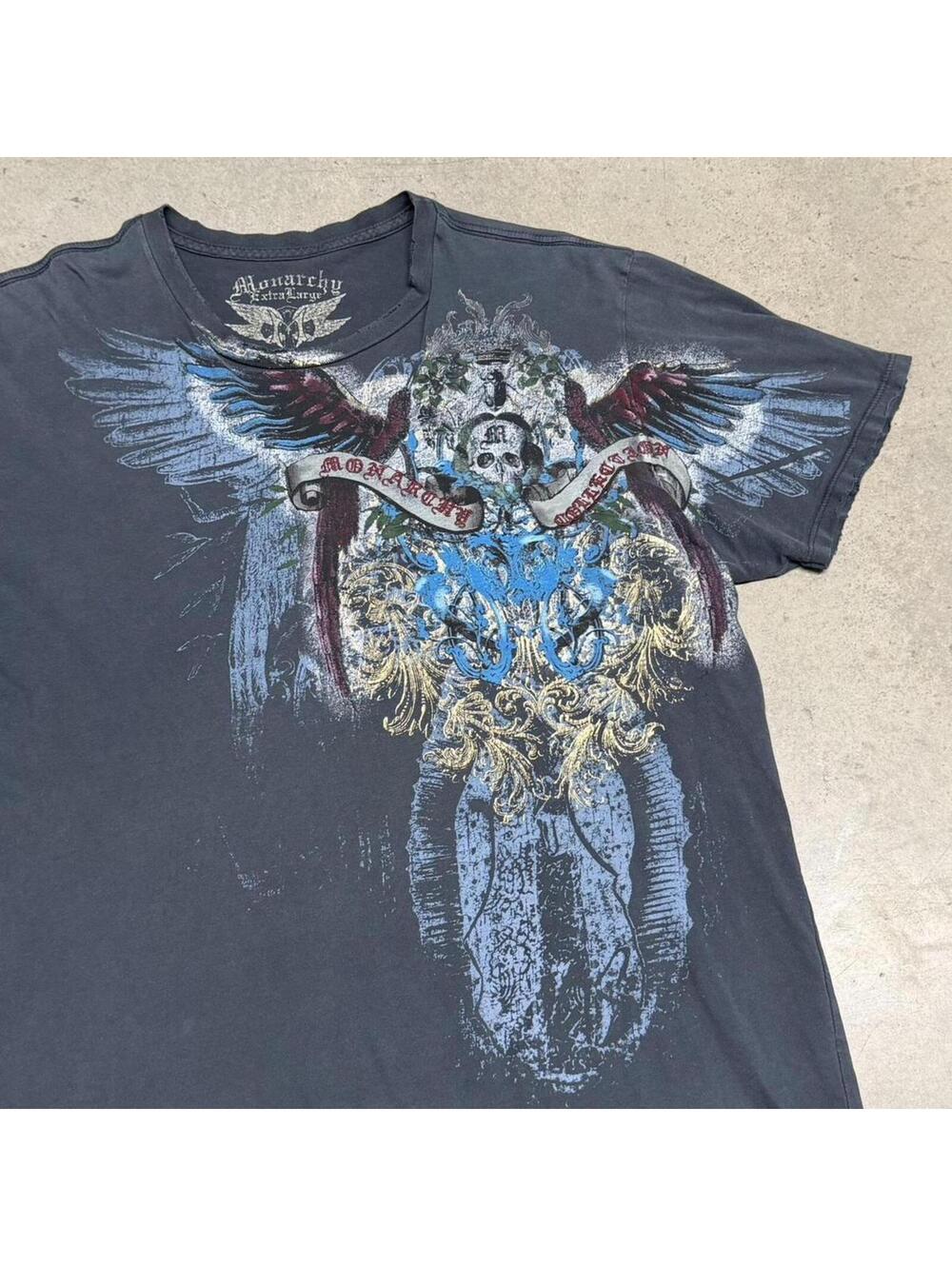 Monarchy T Shirt Mens XL Gray Affliction Style Skull Wings Saint Grunge Y2K